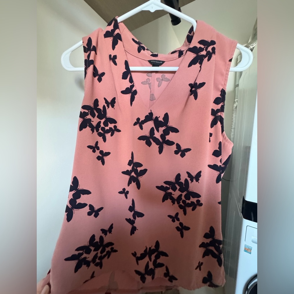 Ann Taylor Blush Top with Black Floral Design
